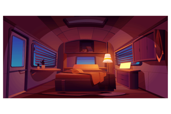 Download Camping Trailer Car Interior with Bed and Glowing Floor Lamp at Night Time - Premium Resources