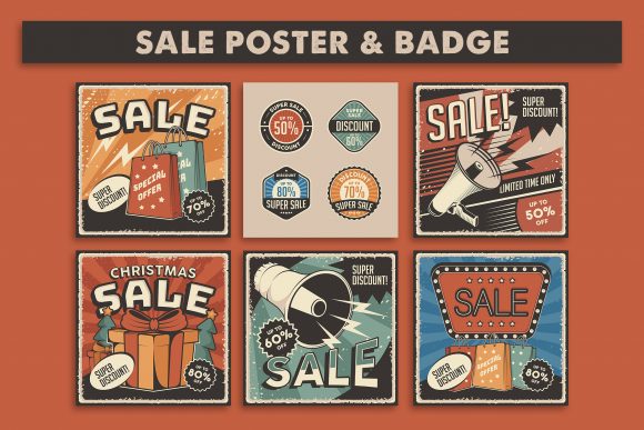 Download Retro Sale Discount Poster and Badge - Disco Collection